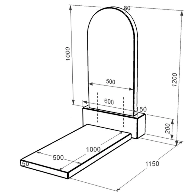 Размеры Памятник из гранита с полукруглой стелой одинарный из черного гранита Коростышев к7-kor-pf-100-50-08-006