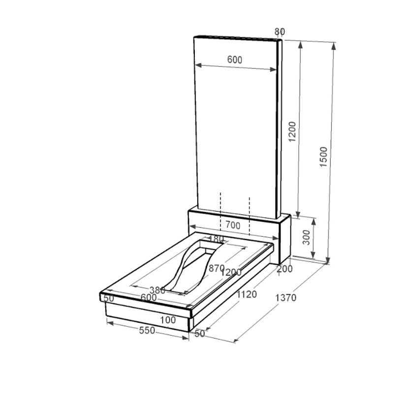 Размеры Памятник из гранита с вырезанной полосой 1500x700x1370 одинарный из черного гранита Коростышевского карьера серия Базис 001 к23-kor-npf-120-60-08-001
