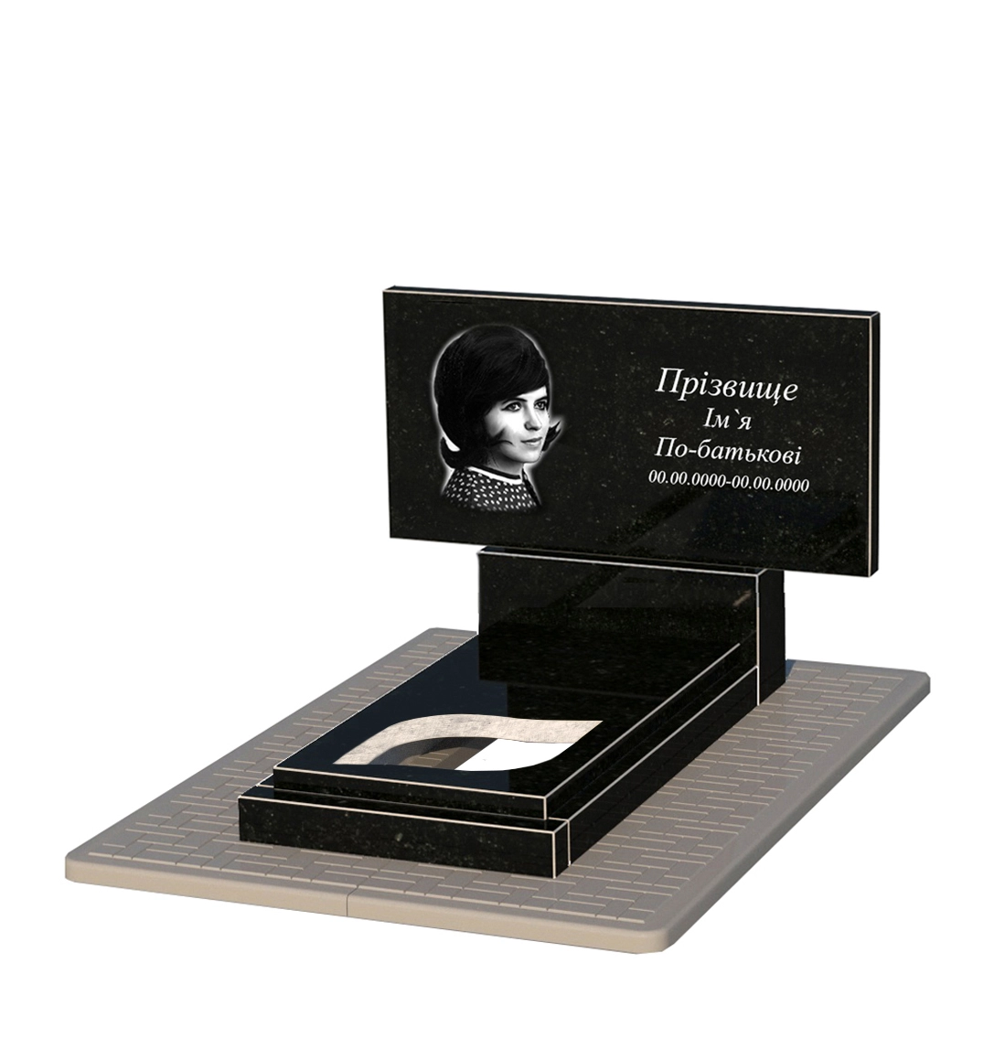 Без декору Гранітний пам'ятник з одним надгробком одинарний із чорного граніту Коростишів з листом різьблена робота к13-kor-npf-60-120-08-001-pbd2