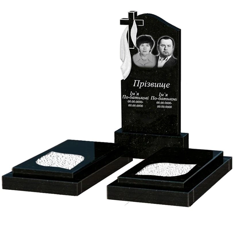 Основне Гранітний пам'ятник поліровані фаски подвійний із чорного граніту Коростишів з листом різьблена робота к22-kor-pf-100-50-08-142