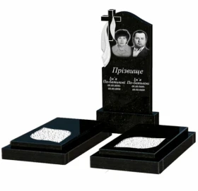 Гранітний пам'ятник поліровані фаски подвійний із чорного граніту Коростишів з листом різьблена робота к22-kor-pf-100-50-08-142