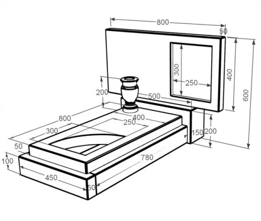 Размеры Мраморный памятник высотой 60 см одинарный из бежевого мрамора Дайна с вырезанным уголком к24-dan-pf-40-80-05-001
