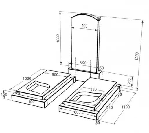 Розміри Надгробок на могилу із граніту від виробника Україна подвійний із чорного граніту Коростишів з листом різьблена робота к22-kor-npf-100-50-08-009