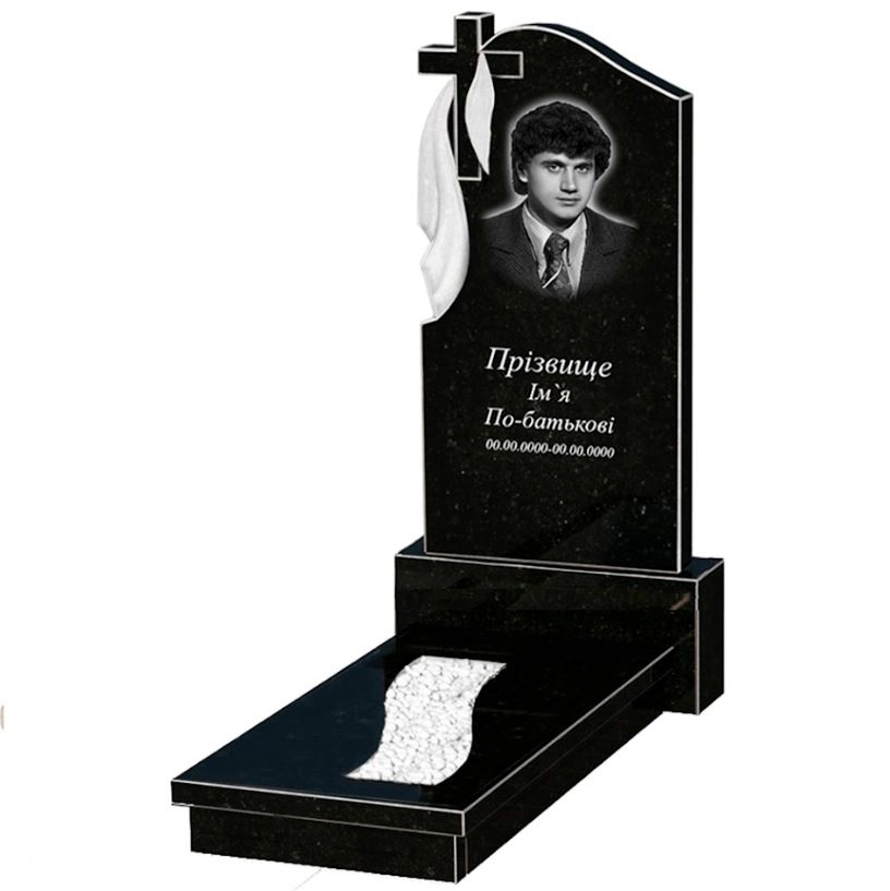 Основное Гранитный памятник с крестом резной одинарный из черного гранита Коростышев с плащаницей резной с вырезанной полосой к23-kor-npf-100-50-08-142