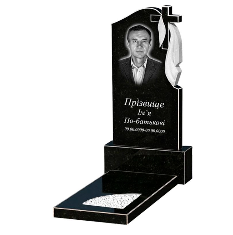 Основне Гранітний пам'ятник з вирізаним куточком одинарний із чорного граніту Коростишів к9-kor-npf-80-40-05-142-r