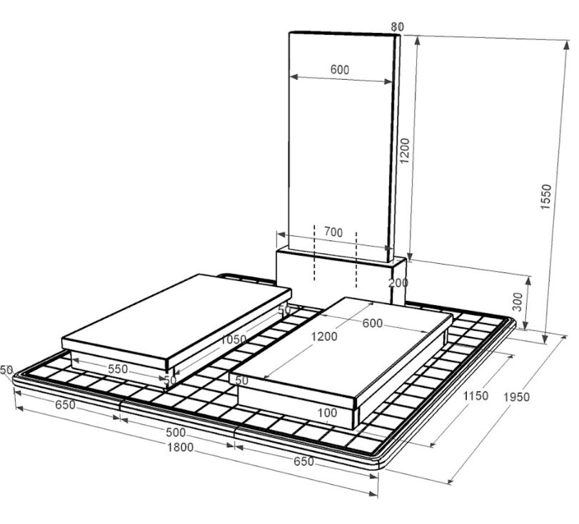 Розміри Гранітний пам'ятник без різьблених робіт подвійний із чорного граніту Коростишів к19-kor-pf-120-60-08-001-pbd3