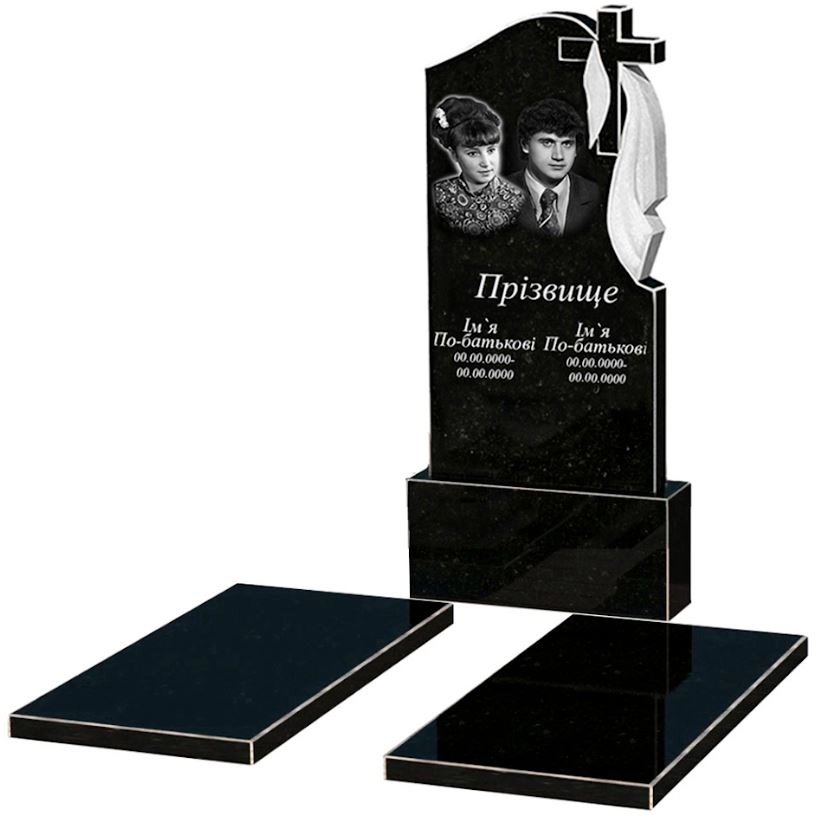 Основне Гранітний пам'ятник стела 120х60 см подвійний із чорного граніту Коростишів з хрестом та плащаницею різьблений к17-kor-npf-120-60-08-142-r