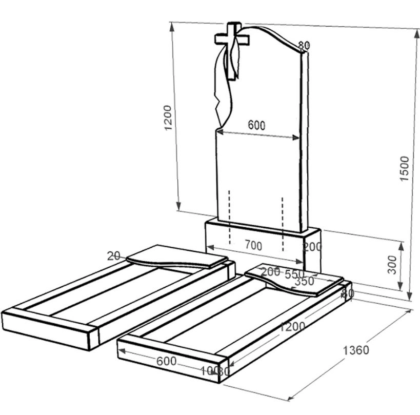 Размеры Гранитный памятник на кладбище большого размера двойной из черного гранита Коростышев с волной резной к16-kor-npf-120-60-08-142