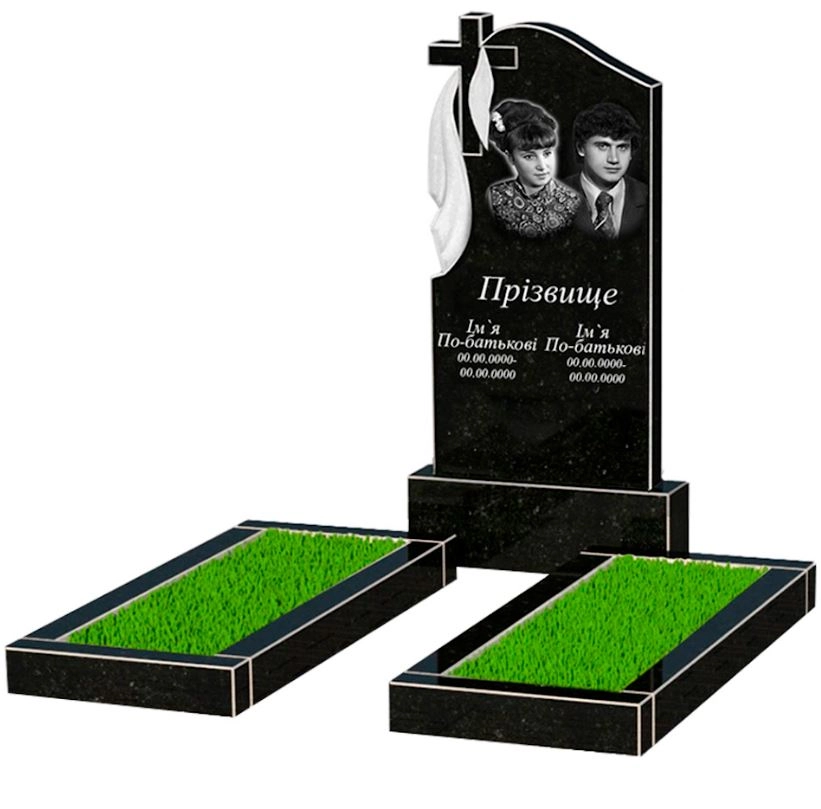 Основне Пам'ятник із граніту з хрестом різьблена робота подвійний із чорного граніту Коростишів з плащаницею різьблений к14-kor-npf-100-50-08-142