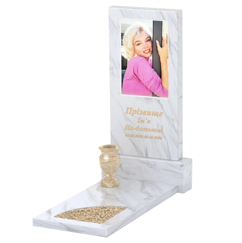 Основне Мармуровий пам'ятник висотою 120 см одинарний з білого мармуру Волокас з вирізаним куточком к9-vol-pf-100-50-08-001