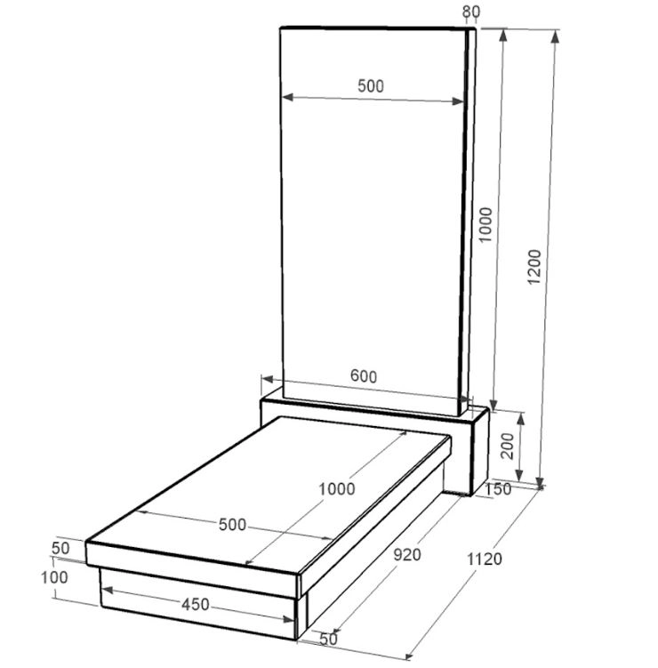 Розміри Гранітний пам'ятник на кладовище одинарний із чорного граніту Коростишів к10-kor-pf-100-50-08-001