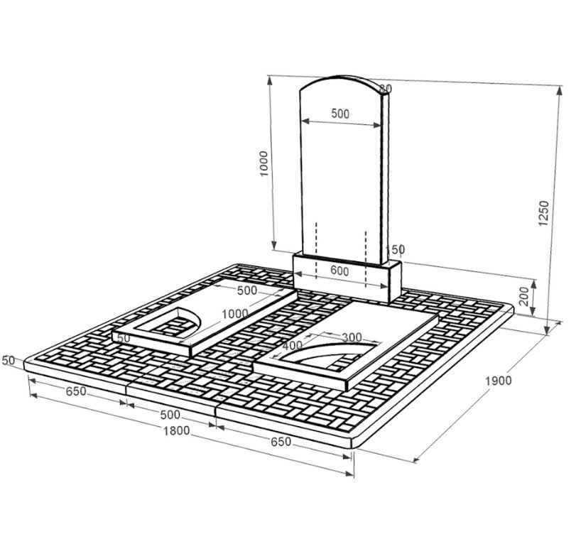 Розміри Гранітний пам'ятник сімейний подвійний із чорного граніту Коростишів з вирізаним куточком к18-kor-npf-100-50-08-009-pbd2