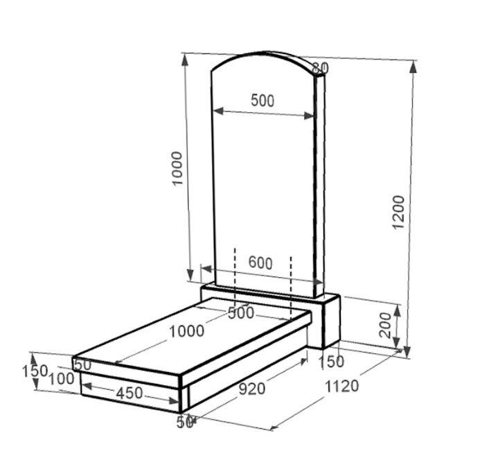 Розміри Гранітний пам'ятник дугоподібний одинарний із чорного граніту Коростишів з дугою різьблений к10-kor-npf-100-50-08-009