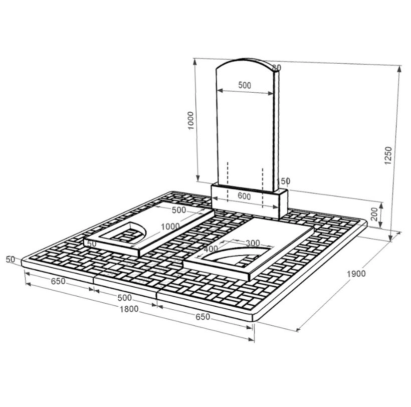 Размеры Двойной памятник на могилу из гранита с вырезанным уголком из черного гранита Коростышев Дуга 009 к18-kor-pf-100-50-08-009-pbd2