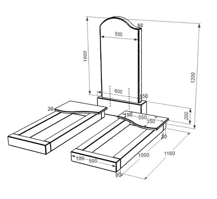 Розміри Пам'ятник із граніту з 2 надгробками подвійний із чорного граніту Коростишів з хвилею різьблений к15-kor-npf-100-50-08-011