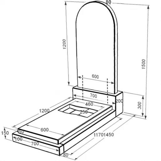 Розміри Пам'ятник на могилу із граніту з вирізаною смугою одинарний із чорного граніту Коростишів з полукруглою стелою к23-kor-pf-120-60-08-006