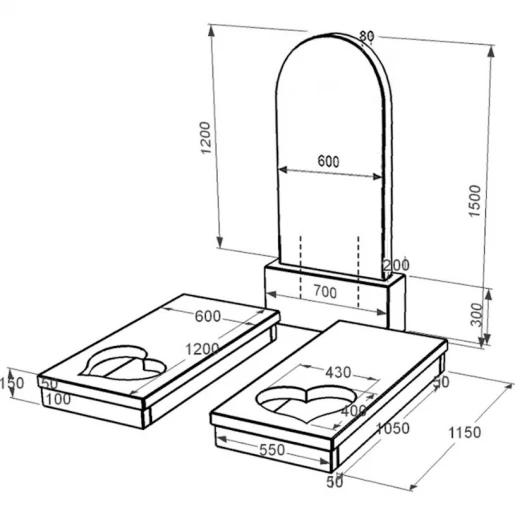 Размеры Памятник из гранита большой двойной из черного гранита Коростышев с сердцем резная работа к20-kor-npf-120-60-08-006