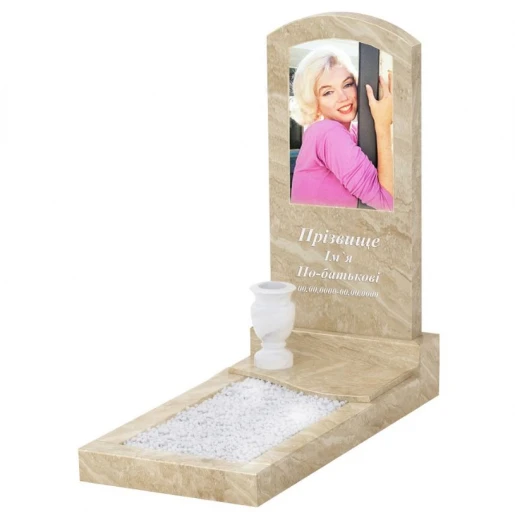 Мармуровий пам'ятник з квітником одинарний з мармуру Дайна з дугою різьблений к5-dan-pf-100-50-08-009