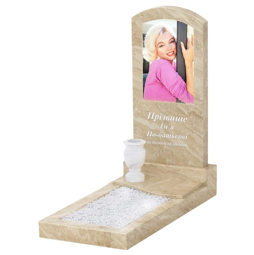 Основне Мармуровий пам'ятник з квітником одинарний з мармуру Дайна з дугою різьблений к5-dan-pf-100-50-08-009