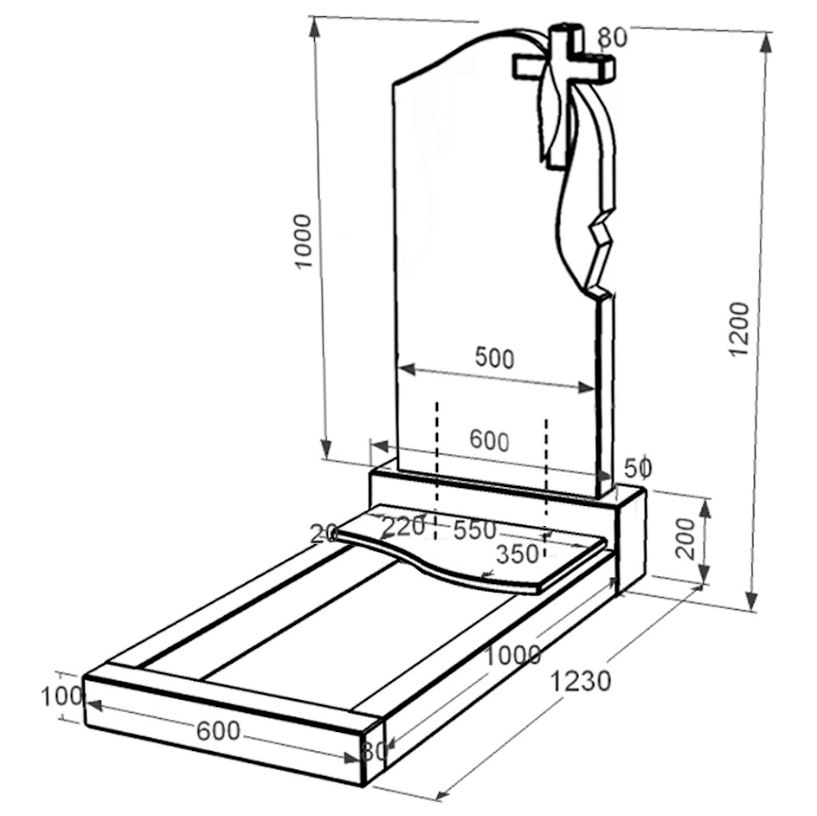 Розміри Надгробний пам'ятник із граніту висотою 120 см одинарний із чорного граніту Коростишів з хвилею різьблений к5-kor-pf-100-50-08-142-r
