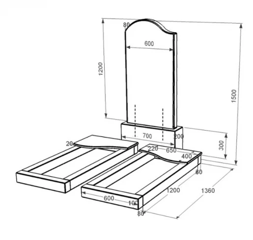 Размеры Гранитное надгробие с полным полированием сторон двойное из черного гранита Коростышев с волной резное к15-kor-pf-120-60-08-011-l