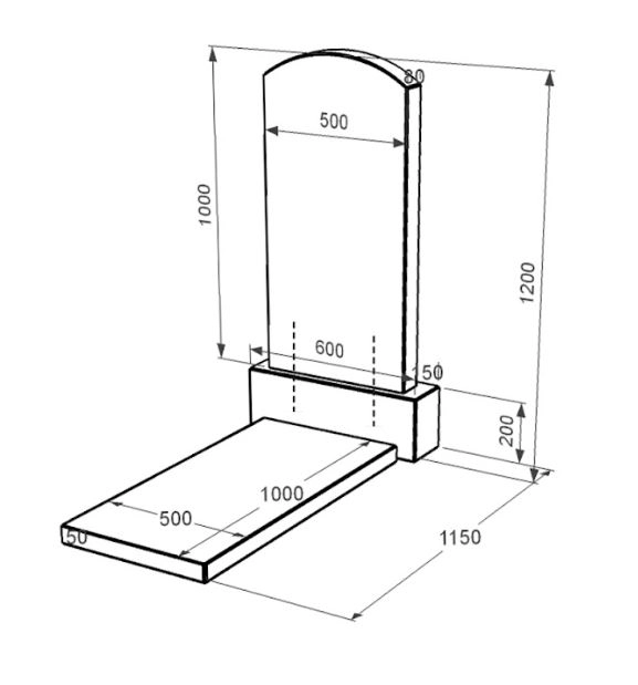 Размеры Гранитный памятник на могилу полированные фаски одинарный из черного гранита Коростышев с дугой резной к7-kor-pf-100-50-08-009