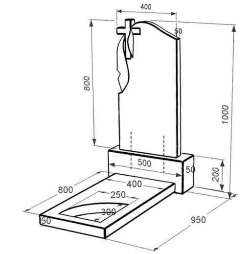 Розміри Гранітний пам'ятник з вирізаним куточком одинарний із чорного граніту Коростишів к9-kor-pf-80-40-05-142