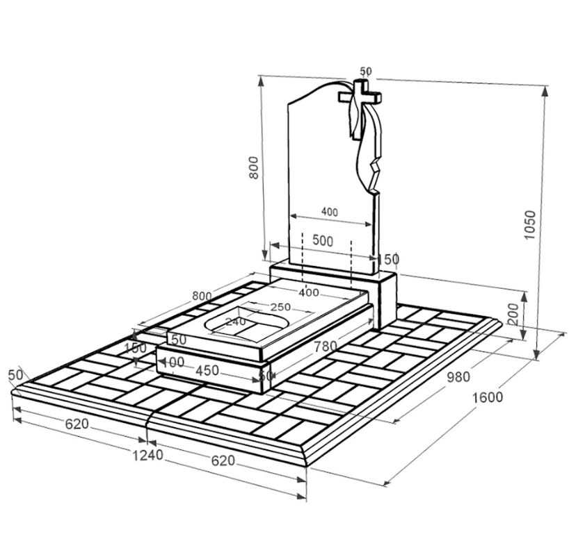 Розміри Пам'ятник із граніту з протиусадковою плитою одинарний із чорного граніту Коростишів з листом різьблена робота к13-kor-pf-80-40-05-142-r-pbd1