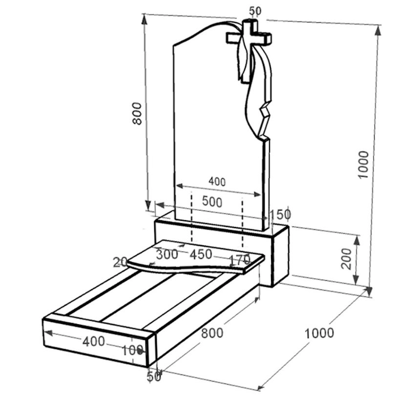 Розміри Гранітний пам'ятник з хвилею різьблений одинарний із чорного граніту Коростишів к3-kor-pf-80-40-05-142-r
