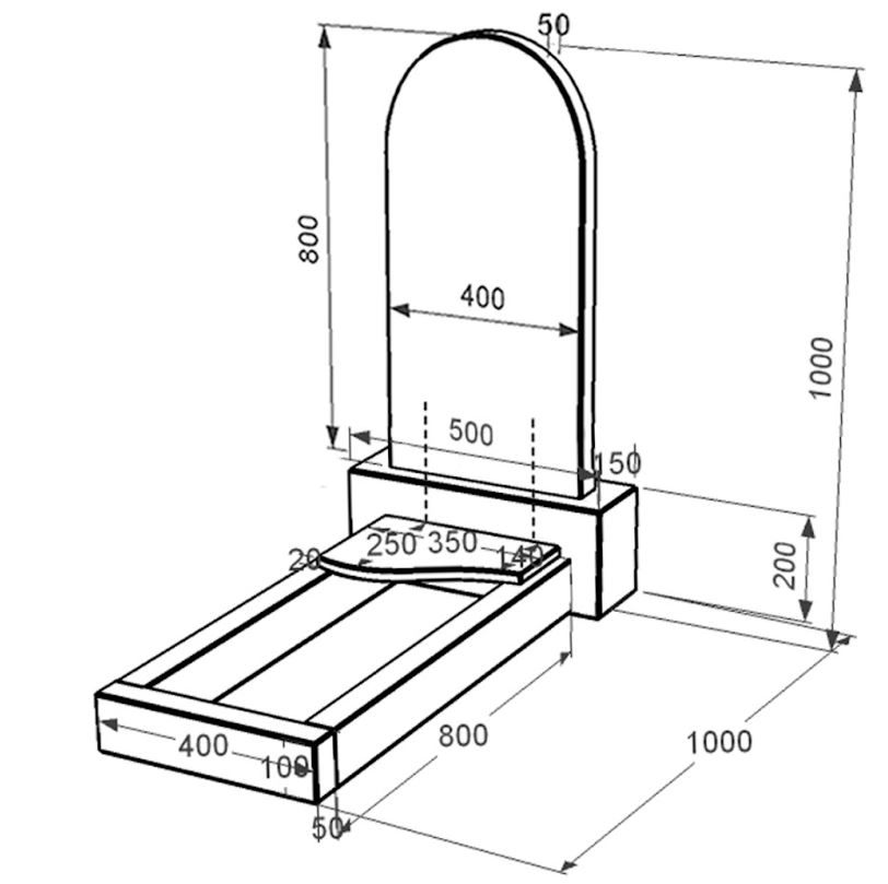 Розміри Гранітний пам'ятник стела 80x40 см одинарний із чорного граніту Коростишів з хвилею різьблений к4-kor-pf-80-40-05-006-l