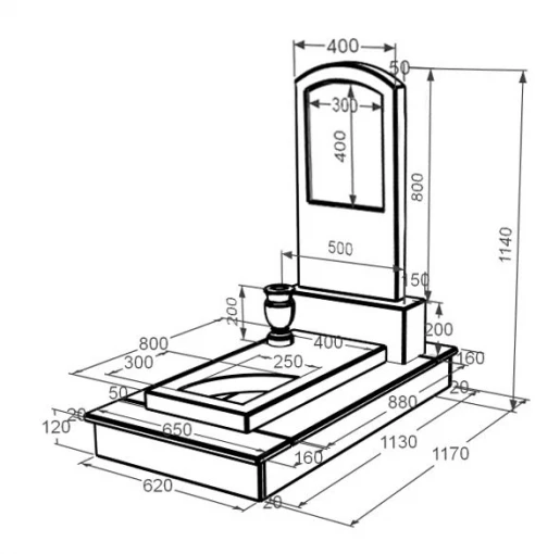 Розміри Мармуровий пам'ятник вертикальний одинарний з мармуру Дайна з вирізаним куточком к9-dan-pf-80-40-05-009-ck