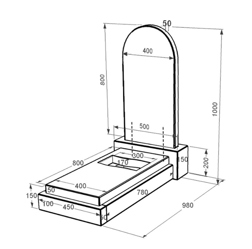 Розміри Гранітний пам'ятник напівкруглий одинарний із чорного граніту Коростишів з вирізаним прапором к6-kor-npf-80-40-08-006