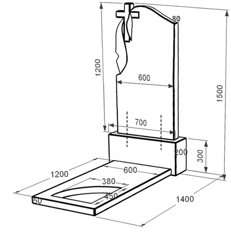 Розміри Надгробний пам'ятник із граніту з вирізаним куточком одинарний із чорного граніту Коростишів к9-kor-npf-120-60-08-142