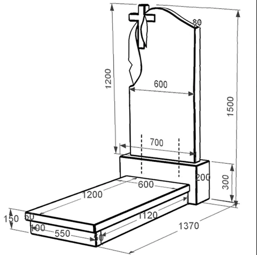 Розміри Гранітний пам'ятник з хрестом та плащаницею різьблений одинарний із чорного граніту Коростишів к10-kor-pf-120-60-08-142