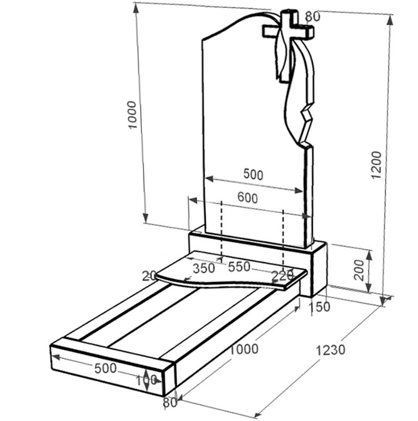 Розміри Гранітний пам'ятник висотою 120 см одинарний із чорного граніту Коростишів з хвилею різьблений к3-kor-npf-100-50-08-142-r