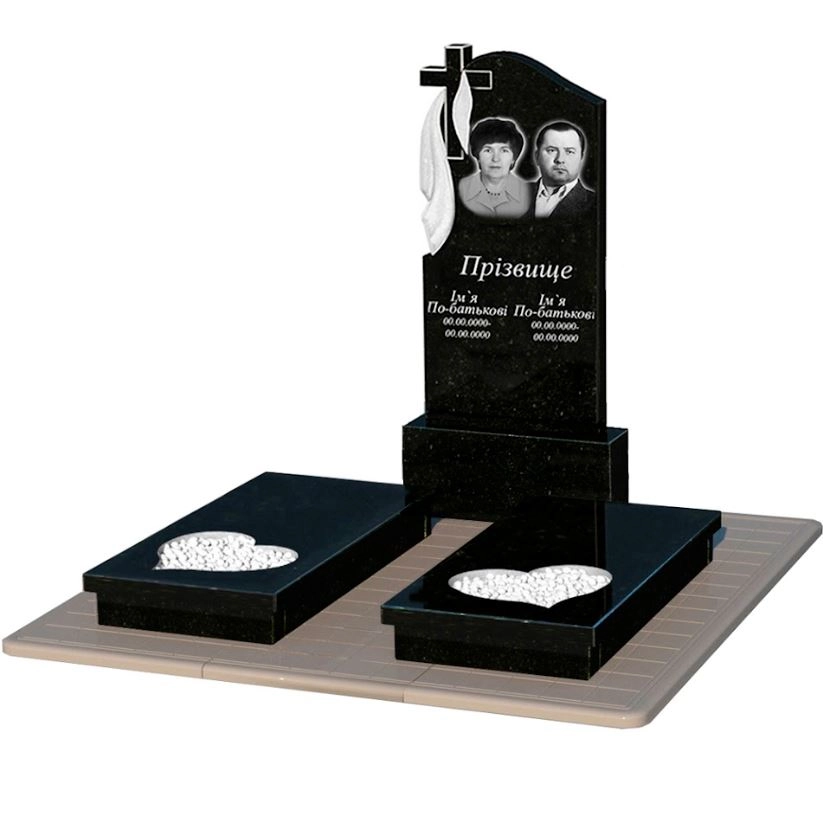 Основне Гранітний пам'ятник стела 120х60 см подвійний із чорного граніту Коростишів з серцем різьблена робота к20-kor-pf-120-60-08-142-pbd3