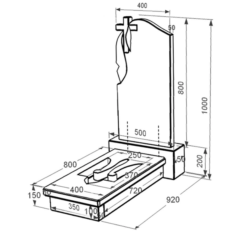 Розміри Пам'ятник на могилу із граніту з Тризубом вирізаним одинарний із чорного граніту Коростишів к8-kor-npf-80-40-08-142