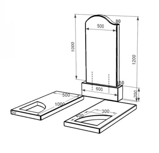 Розміри Подвійний пам'ятник із граніту із чорного граніту Коростишів з вирізаним куточком к18-kor-npf-100-50-08-011