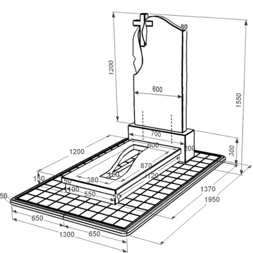 Розміри Гранітний пам'ятник з вирізаною смугою одинарний із чорного граніту Коростишів з хрестом та плащаницею різьблений к23-kor-pf-120-60-08-142-pbd3