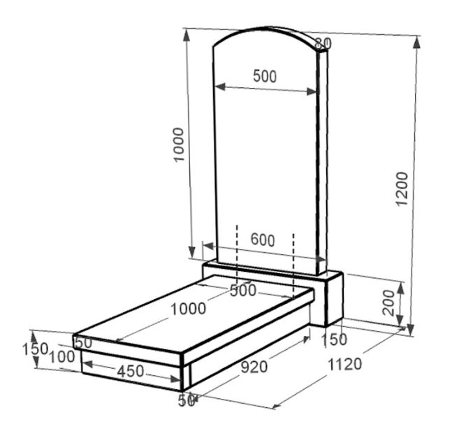 Розміри Гранітний пам'ятник дугоподібний одинарний із чорного граніту Коростишів з дугою різьблений к10-kor-pf-100-50-08-009