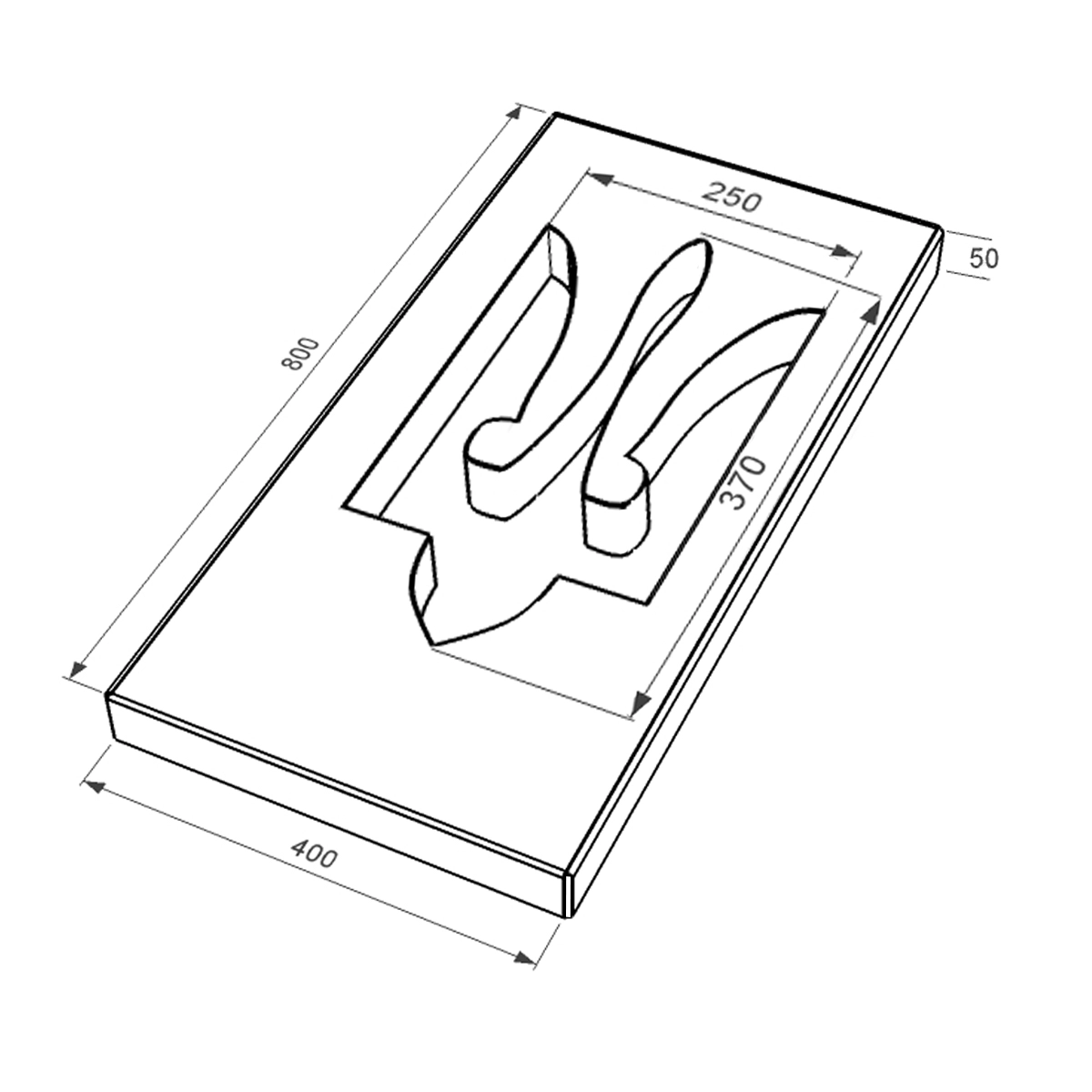 Розміри Надгробна плита з Тризубом резним 800x400x50 з граніту плита Тризуб із неполірованими фасками з неполірованими торцями Букинського кар'єру симетричні pl-buk-npf-npt-80-40-05-TRIZUB