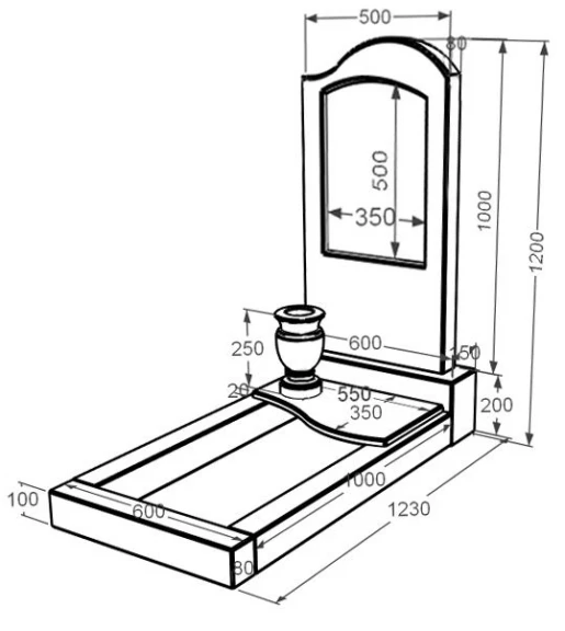 Розміри Мармуровий пам'ятник для могили одинарний з мармуру Дайна з хвилею різьблений к5-dan-pf-100-50-08-011-r
