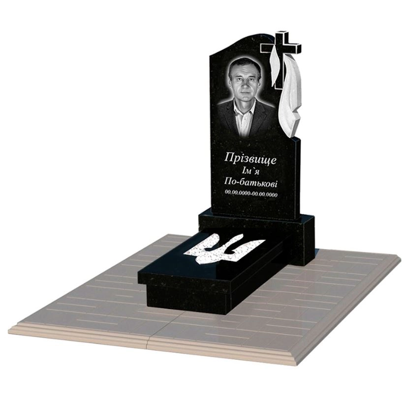 Основное Надгробие из гранита с бетонной плитой одинарное из черного гранита Коростышев с Трезубом вырезанным к8-kor-pf-80-40-08-142-r-pbd1
