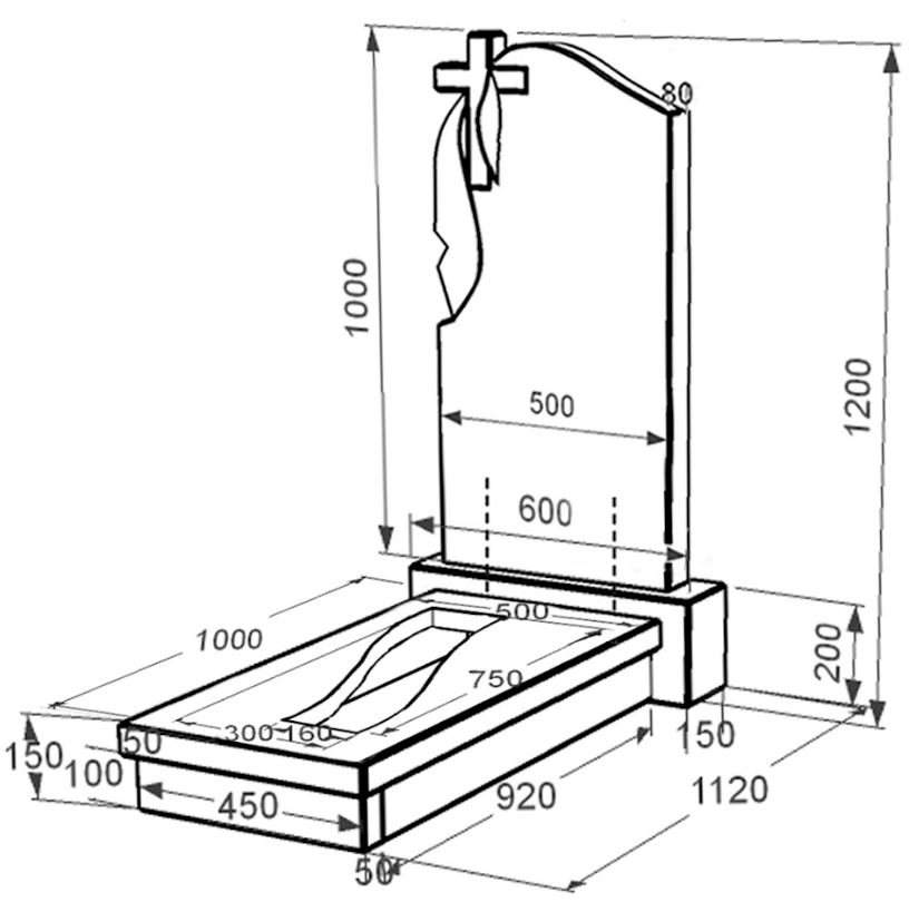 Размеры Гранитный памятник с крестом резной одинарный из черного гранита Коростышев с плащаницей резной с вырезанной полосой к23-kor-npf-100-50-08-142
