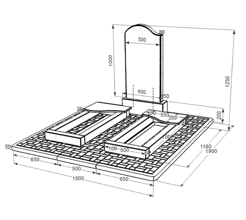 Розміри Гранітний надгробок чорного кольору подвійний із чорного граніту Коростишів з хвилею різьблений к15-kor-npf-100-50-08-011-l-pbd2