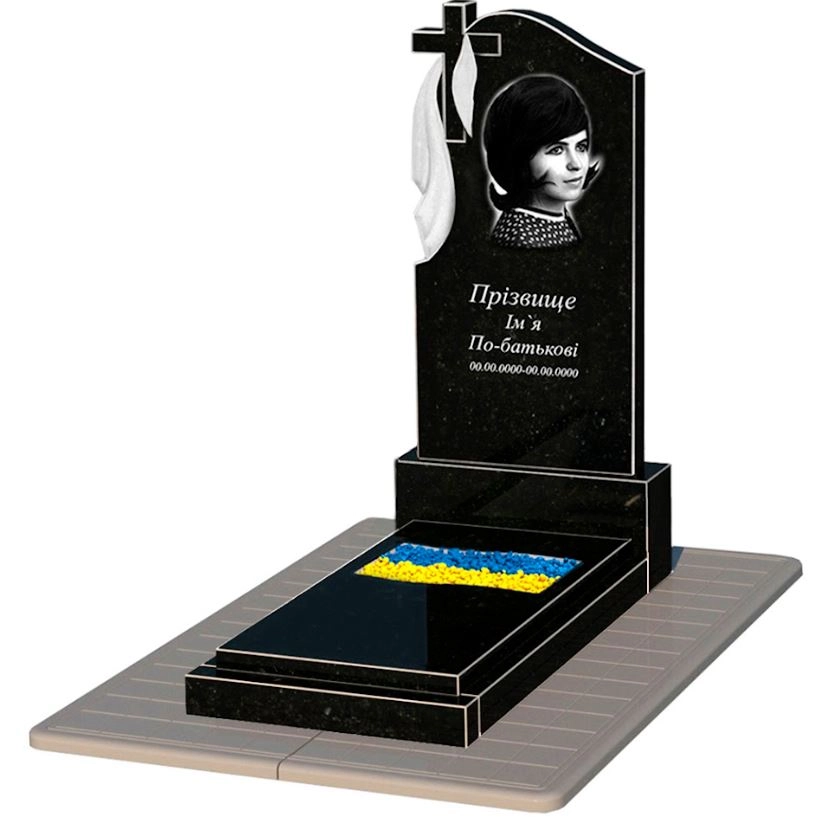 Основне Гранітний пам'ятник з різним прапором одинарний із чорного граніту Коростишів к6-kor-npf-120-60-08-142-pbd3