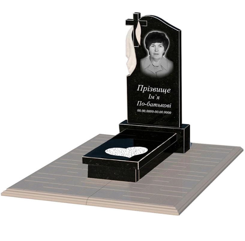 Основне Гранітний пам'ятник на кладовище з серцем різьблена робота одинарний із чорного граніту Коростишів к11-kor-npf-80-40-05-142-pbd1