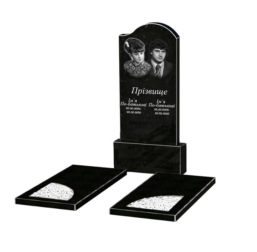 Основне Гранітний пам'ятник з декоруванням білою галькою подвійний із чорного граніту Коростишів з вирізаним куточком та хвилею к18-kor-npf-100-50-08-011-r