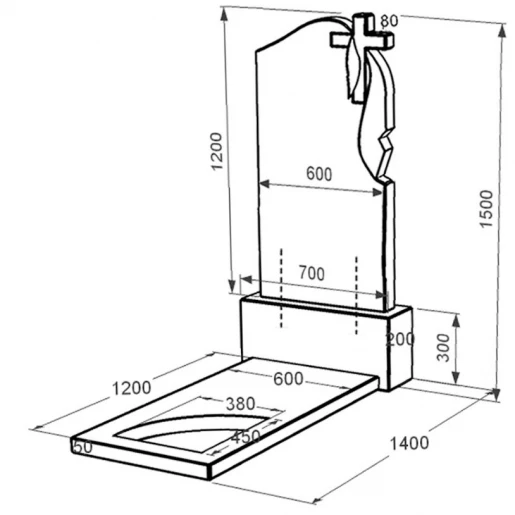 Розміри Гранітний пам'ятник з вирізаним куточком одинарний із чорного граніту Коростишів к9-kor-npf-120-60-08-142-r