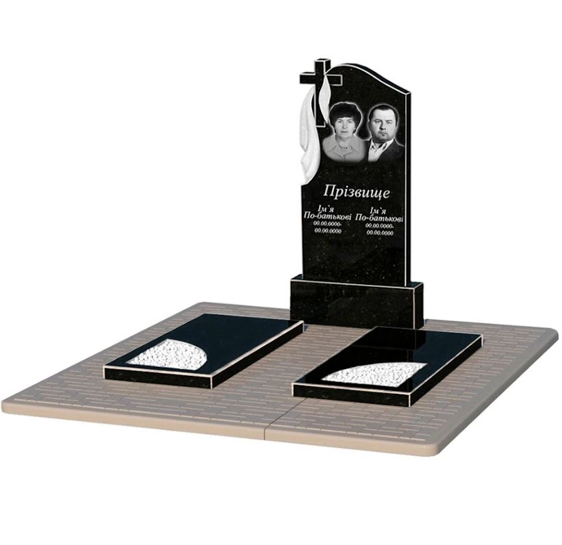 Основне Гранітний пам'ятник з вирізаним куточком подвійний із чорного граніту Коростишів к18-kor-npf-100-50-08-142-pbd2